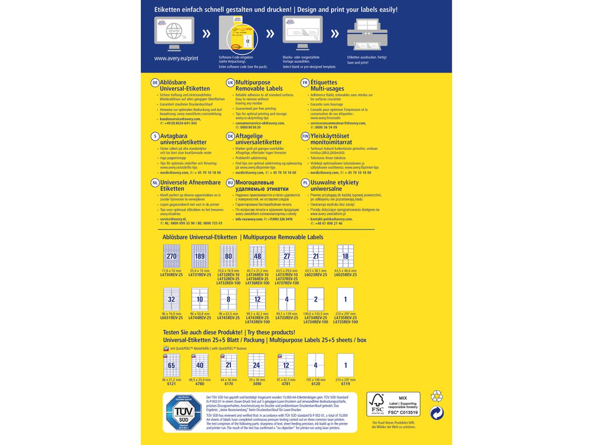 AVERY ZWECKFORM Etichette universale 105x148mm L6028REV-25 bianco 30 fogli (4004182347973)