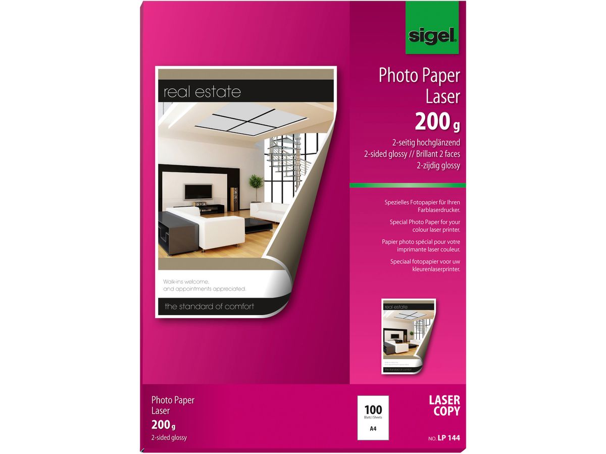 SIGEL Color laser paper A4 LP144 200g,glossy, bianco 100 fogli (4004360908897)