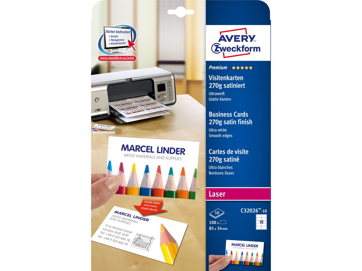 AVERY ZWECKFORM Cartes de visite 85x54mm/A4 C32026-10 blanc, 270g 100 pcs. (4004182029589)