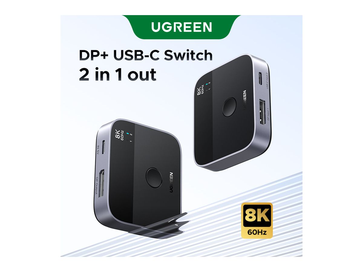 UGREEN Switch 2 In 1 Out 65878 DisplayPort+USB-C, Grey,BB (6941876268788)