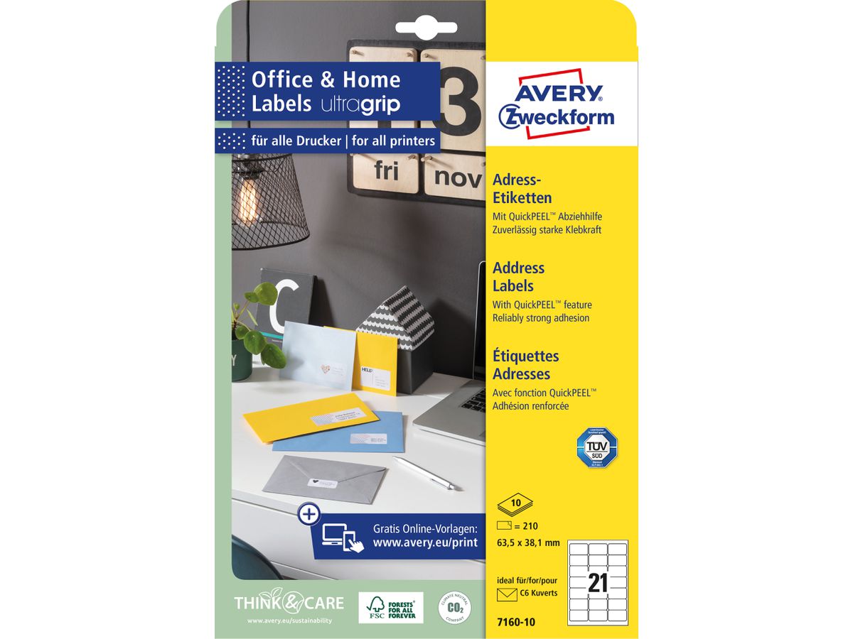 AVERY ZWECKFORM Etichette 38.1x63.5mm 7160-10 bianco, perm. 10 fogli/21 pz. (4004182371602)
