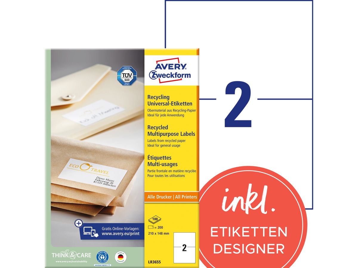 AVERY ZWECKFORM Etiketten 210x148mm LR3655 recycling 200 Stück (4004182035429)