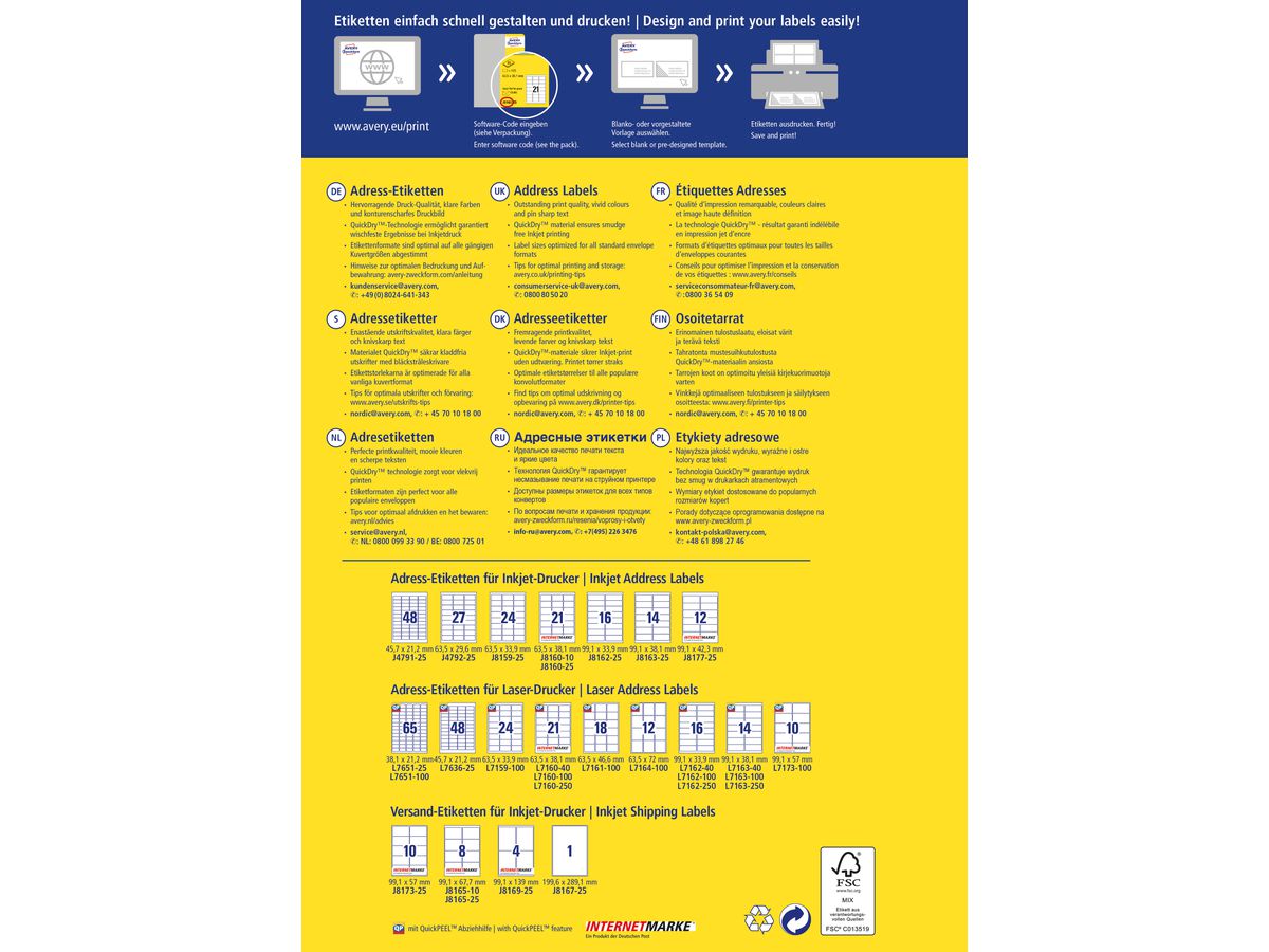 AVERY ZWECKFORM Adressetiketten 45,7x21,2mm J4791-25 InkJet, weiss 1200 Stk./25 Bl. (4004182047910)