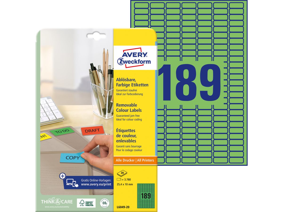 AVERY ZWECKFORM Etiketten 25,4x10mm L6049-20 grün 3780Stk./20Bl. (4004182608968)