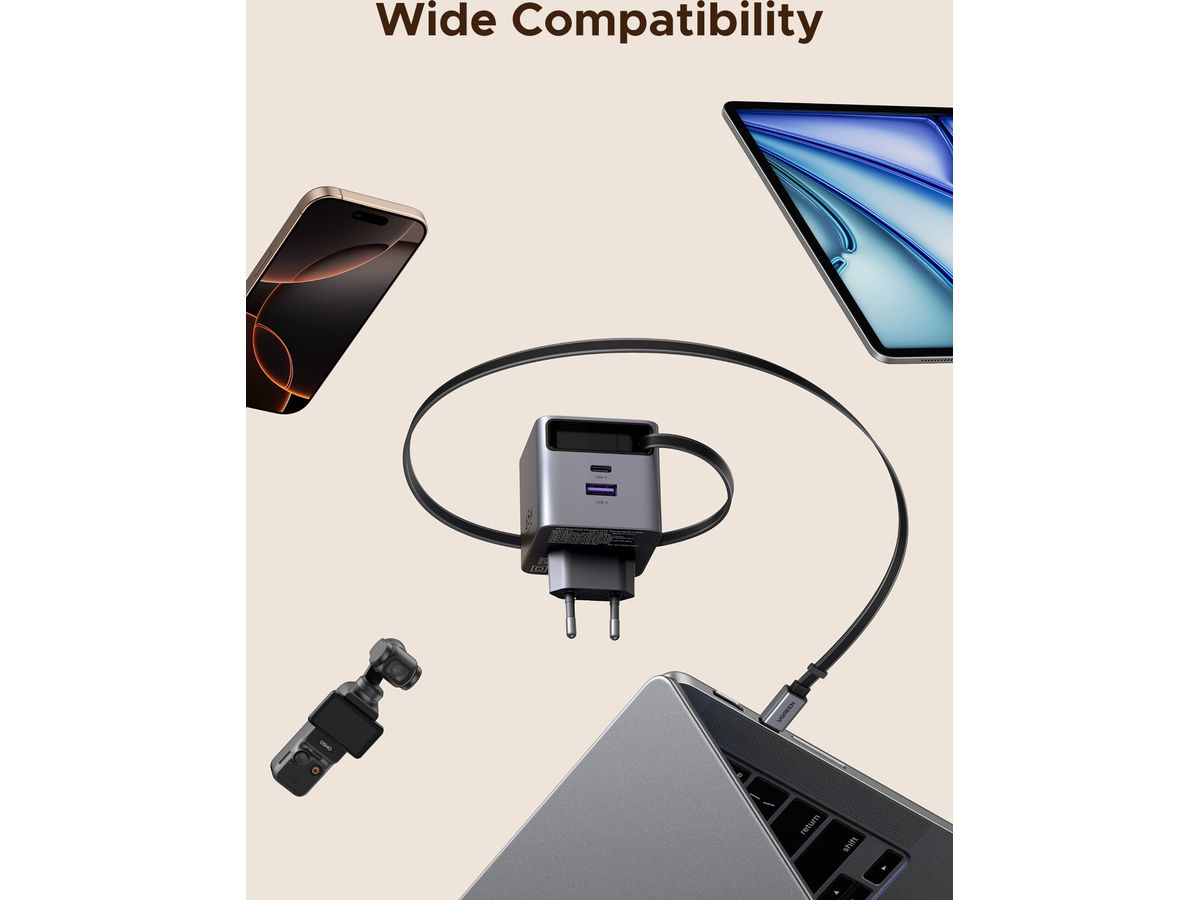 UGREEN Fast Charger 2-Port 65W GaN 65825 Retractable Cable (6941876268252)