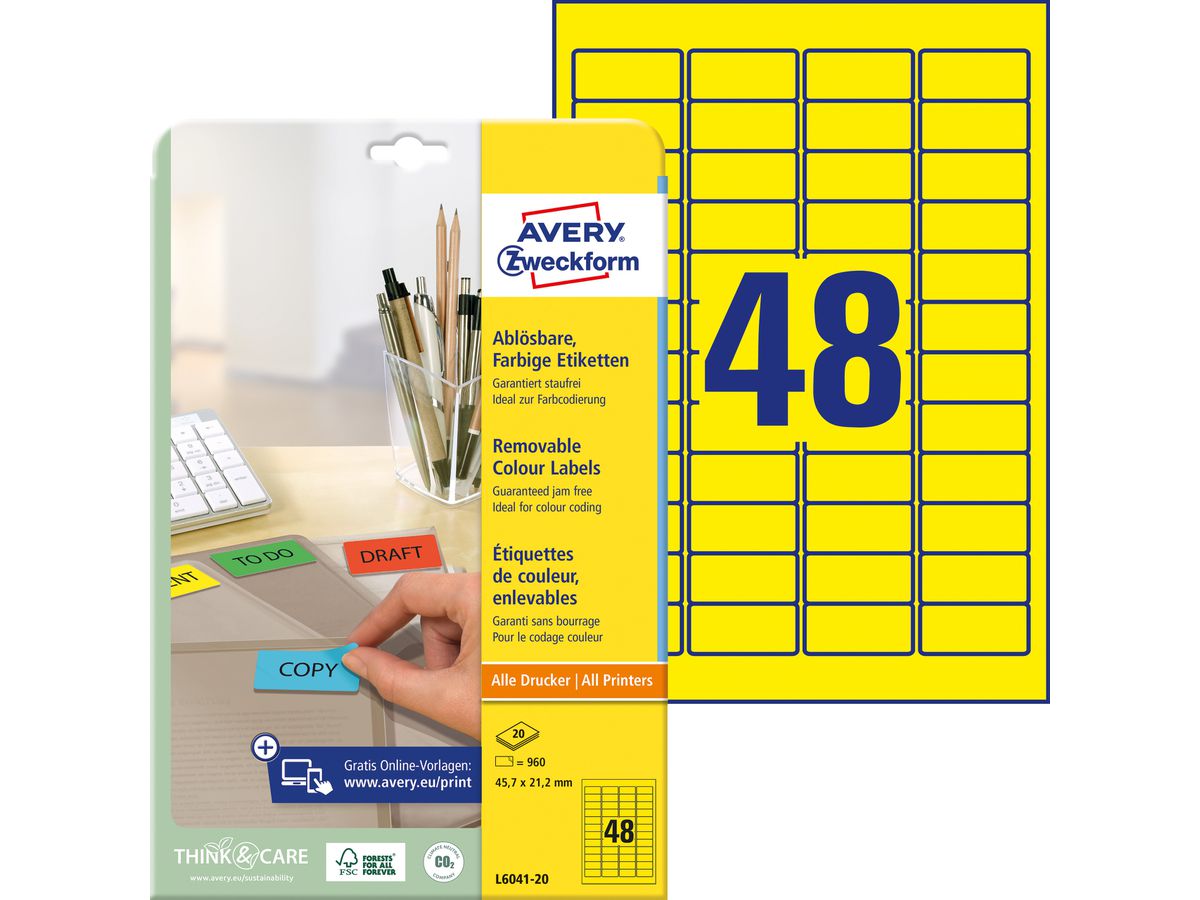 AVERY ZWECKFORM Étiquettes 45,7x21,2mm L6041-20 jaune 960pcs./20fl. (4004182060414)
