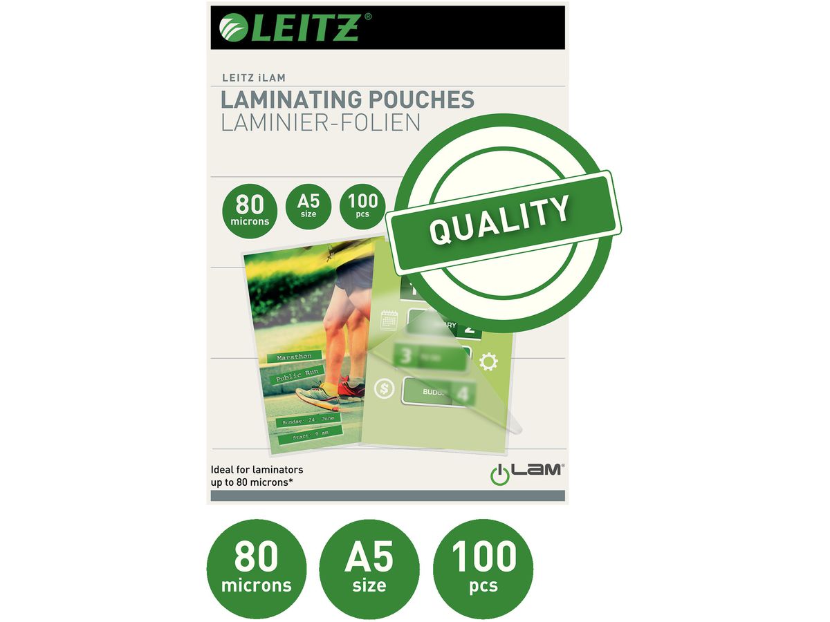 LEITZ Pochettes à plastifier A5 33817 brillant, 80my 100 pcs. (5411313338172)