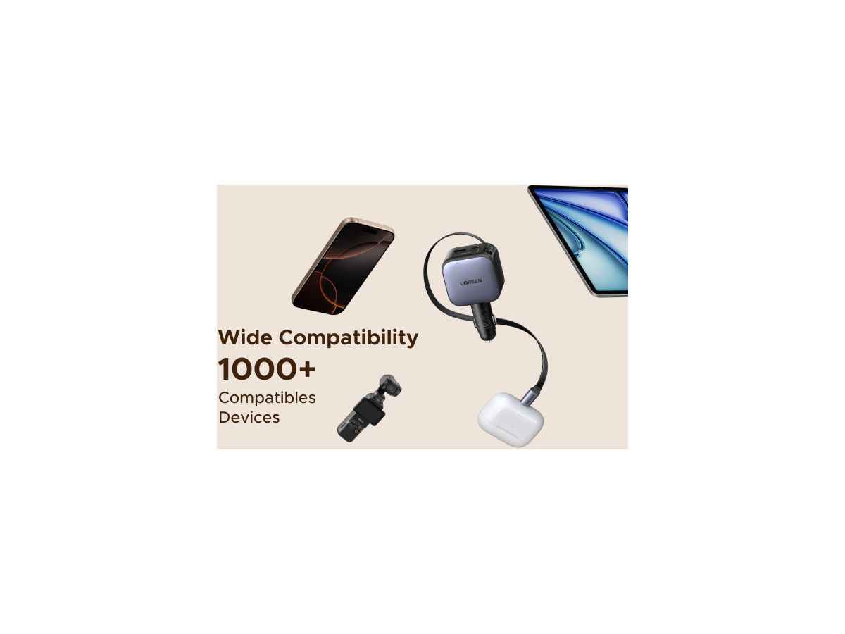 UGREEN Fast Car Charger 2-Port 60W 55212B Retractable Cable (6941876271306)