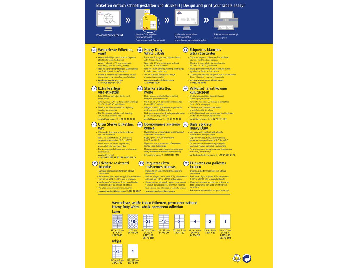 AVERY ZWECKFORM Etichette laser 63,5x33,9mm L47738 white, weather pr. 8 fogli (4004182076019)