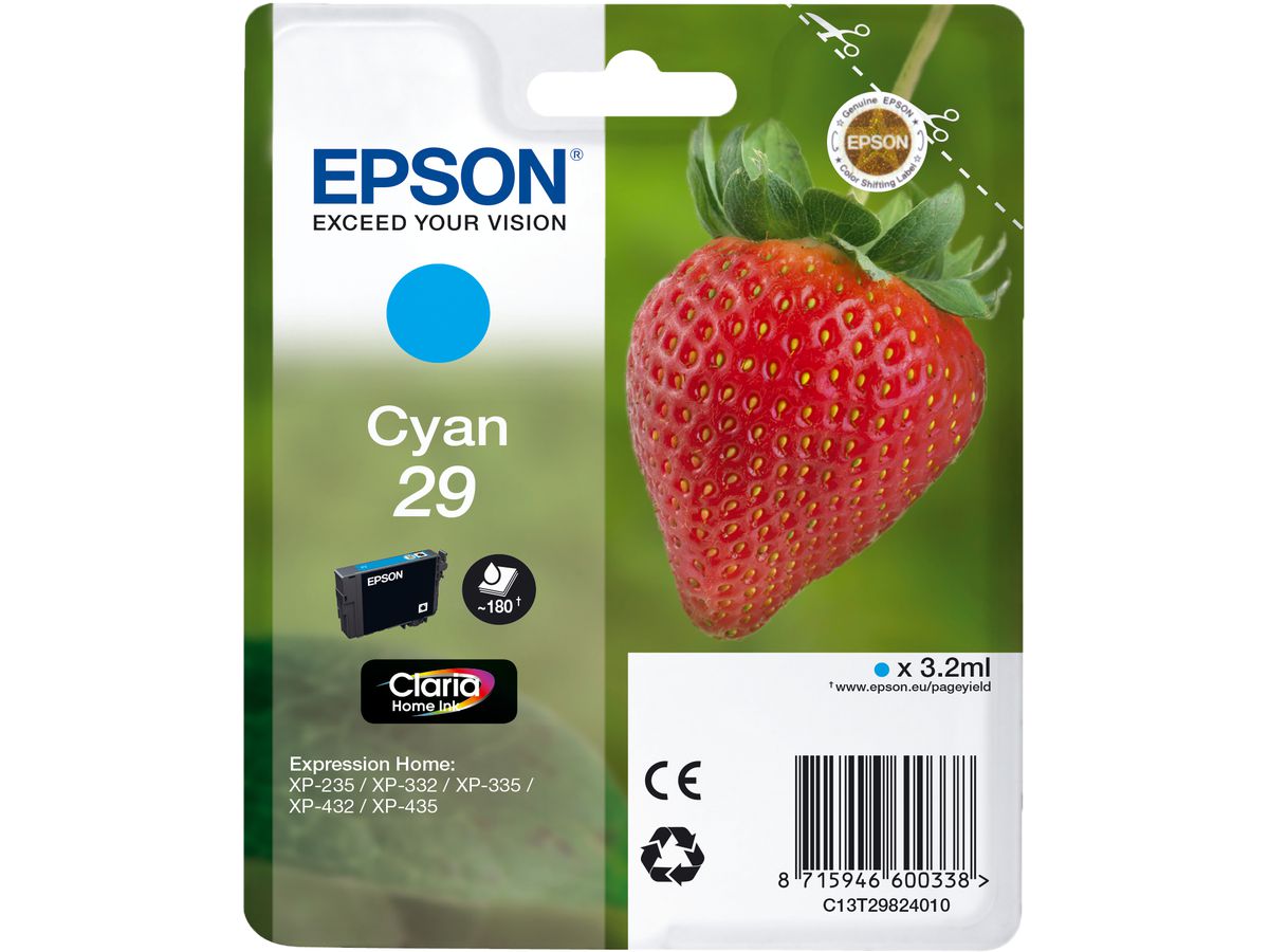 EPSON Tintenpatrone 29 cyan T298240 XP-235/335/435 180 Seiten (8715946625980)