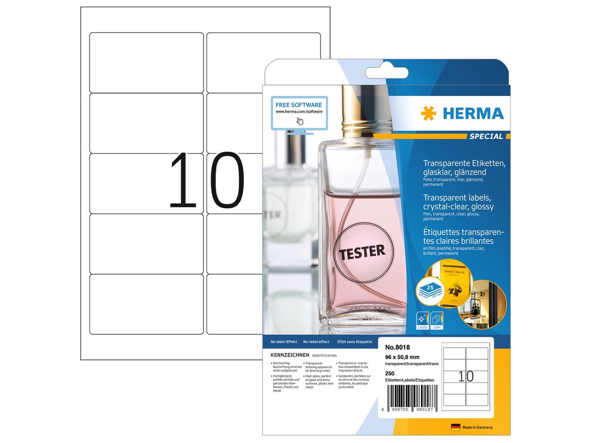 HERMA Folienetiketten 96x50,8mm 8018 transparent 250 St./25 Blatt (4008705080187)