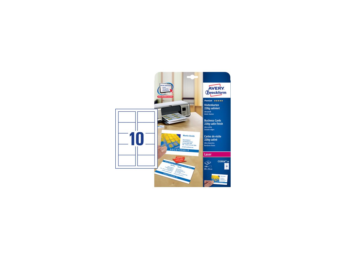 AVERY ZWECKFORM Cartes de visite unversel A4 C32016-10 220g satiné 10 feuilles (4004182243619)