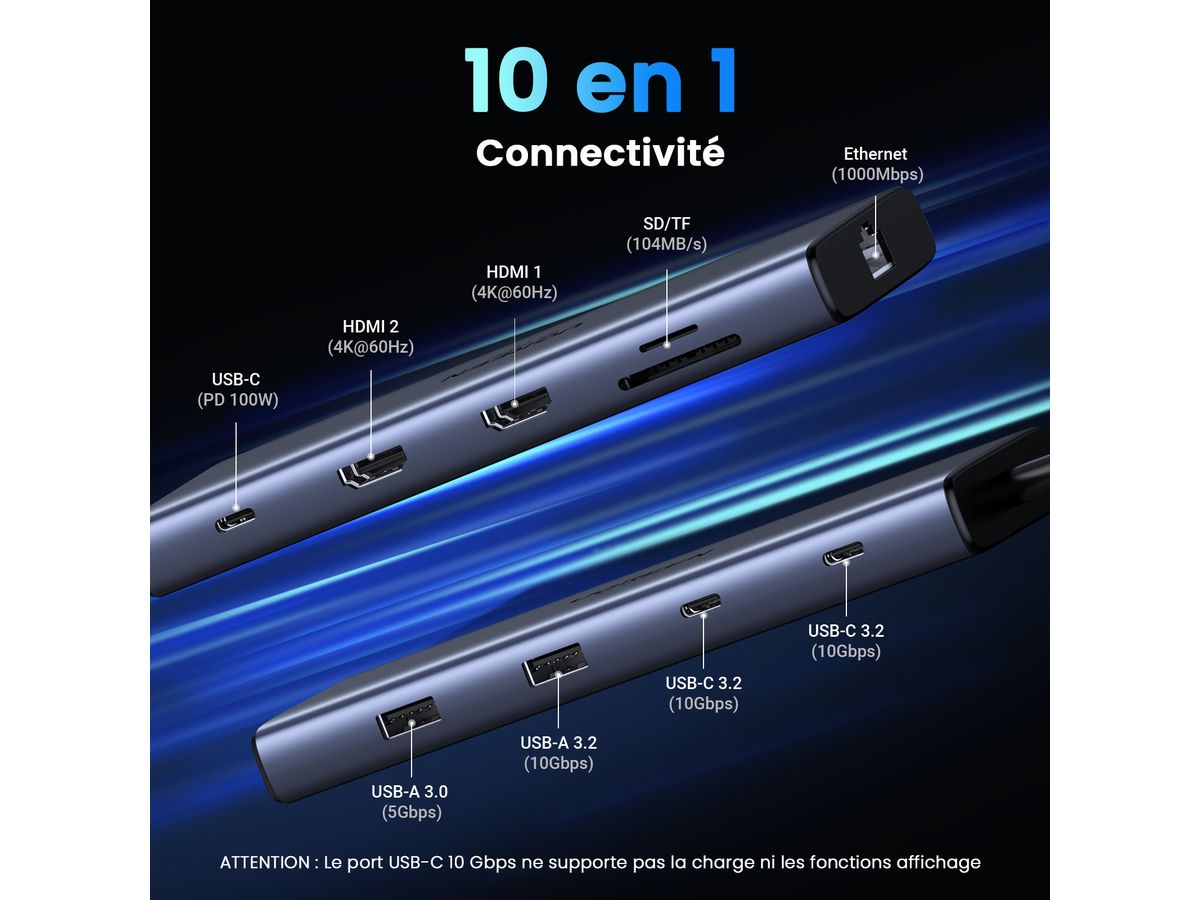 UGREEN 10-in-1 USB-C Hub 45380 10Gbps 4k60Hz, 100W, Gray (6941876243808)