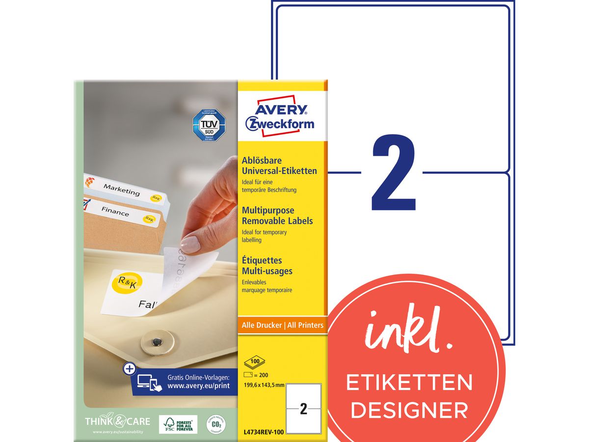 AVERY ZWECKFORM Etiquettes 199,6x143,5mm L4734REV1 blanc 200 pcs. (4004182433324)
