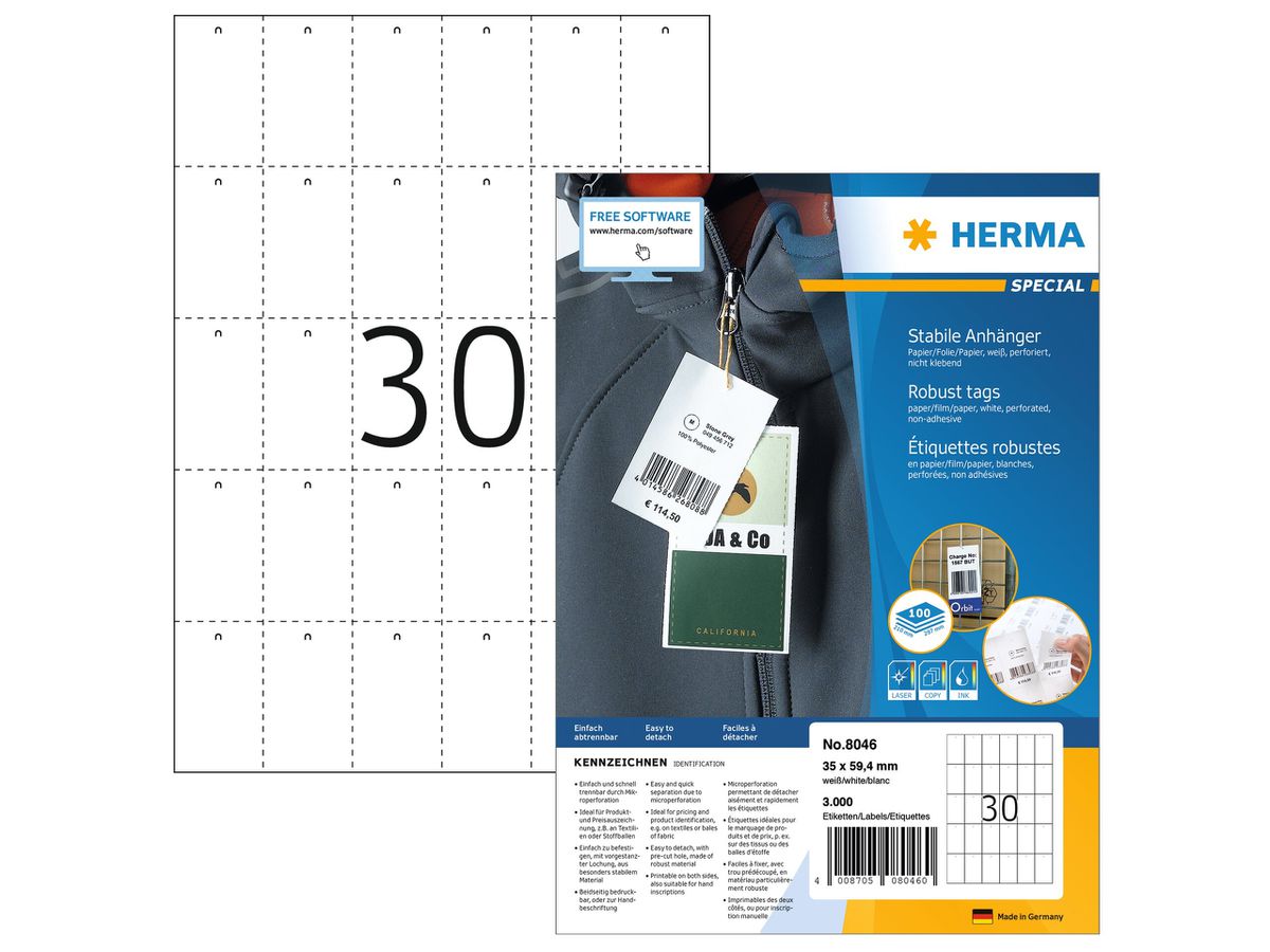 HERMA Special Anhänger 35x59,4mm 8046 weiss 3000 Stück (4008705080460)