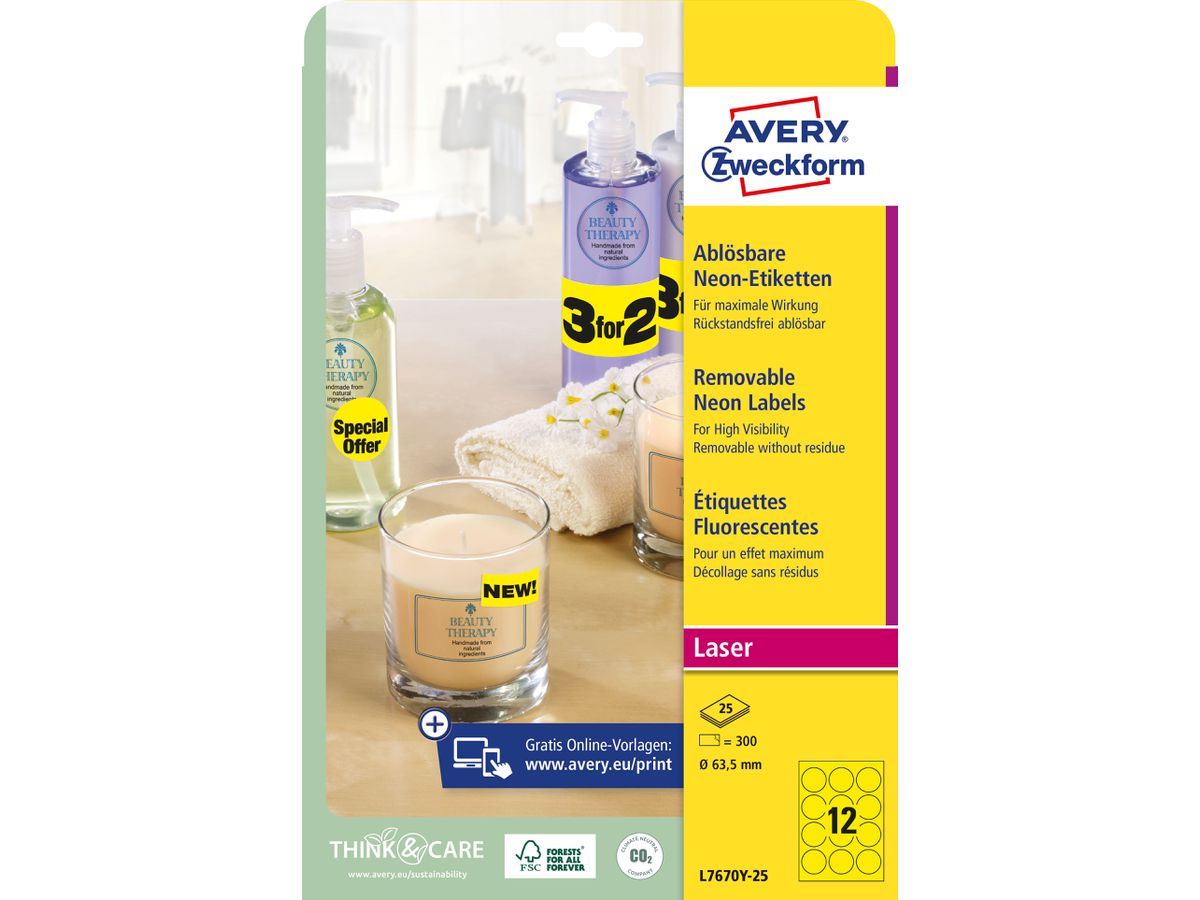 AVERY ZWECKFORM Etichette 63,5mm L7670Y-25 giallo 300 pezzi (4004182608418)