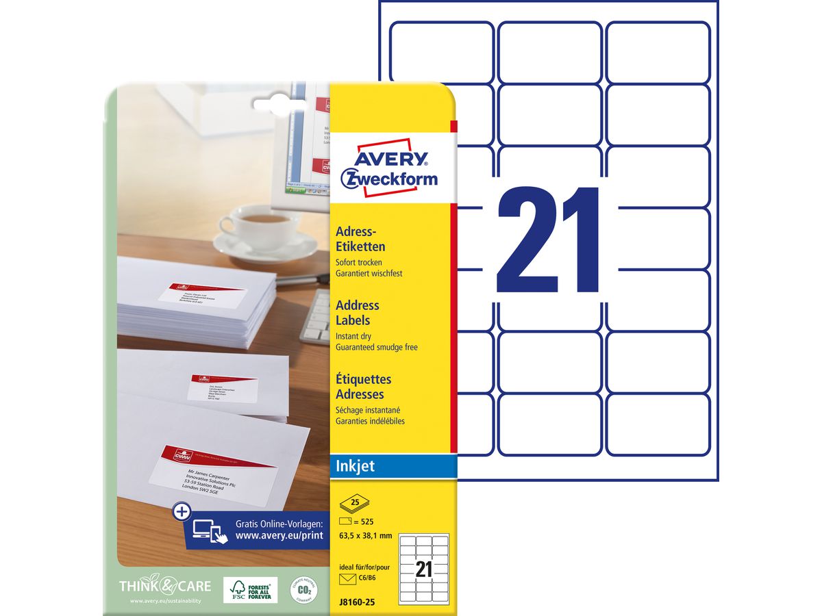 AVERY ZWECKFORM Adressetiketten 63,5x38,1mm J8160-25 weiss 525 Stück (4004182235324)