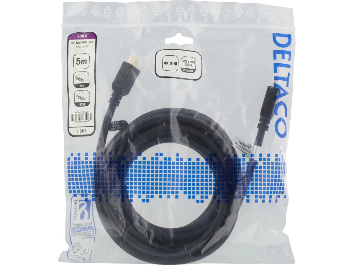 DELTACO HDMI cable Highspeed Premium HDMI-1015D w/Ethernet, 4K UHD,1.5m, Bl. (7333048036018)