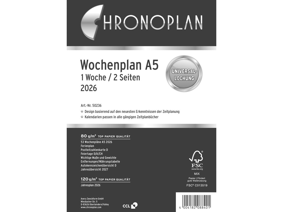 CHRONOPLAN Plan semainier recharge 2026 50236Z.26 1S/2P A5 (4004182088401)