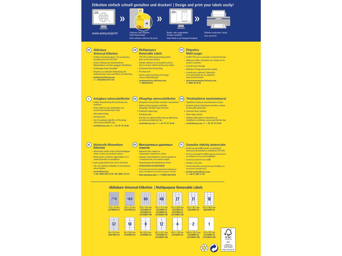 AVERY ZWECKFORM Etichette 45,7x21,2mm L4736REV1 bianco 480 pezzi (4004182433157)