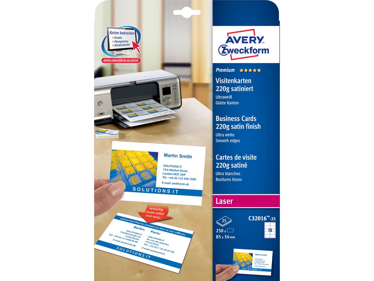 AVERY ZWECKFORM Carte de visite re./ve.85x54mm C32016-25 Laser,220g,blanc 25f./10pcs. (4004182242797)