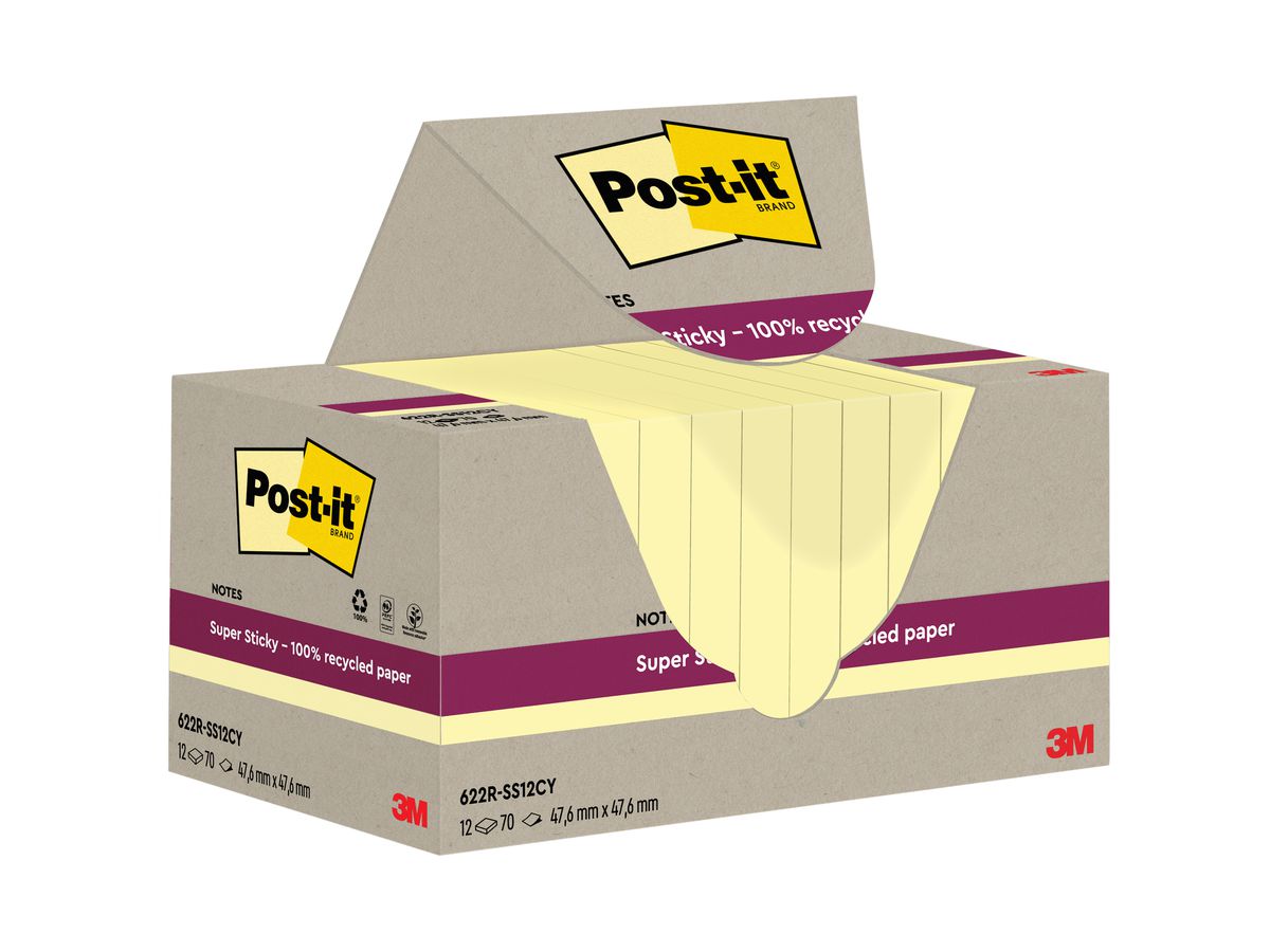 POST-IT SuperSticky Notes 47.6x47.6mm 622 RSS12CY Recycling,giallo 12x70 fogli (4064035060015)
