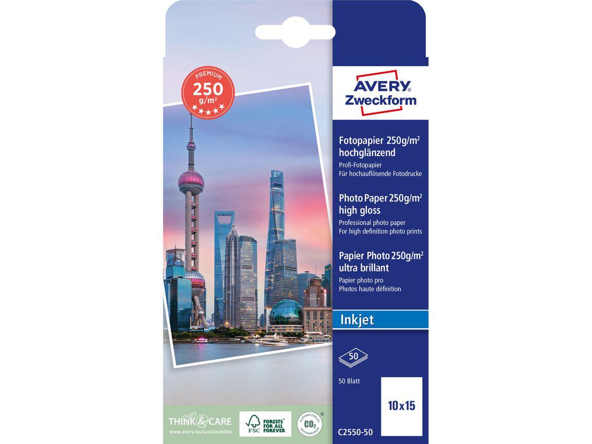 AVERY ZWECKFORM InkJet Fotopapier 10x15cm C2550-50 250g, glossy 50 fogli (4004182244166)