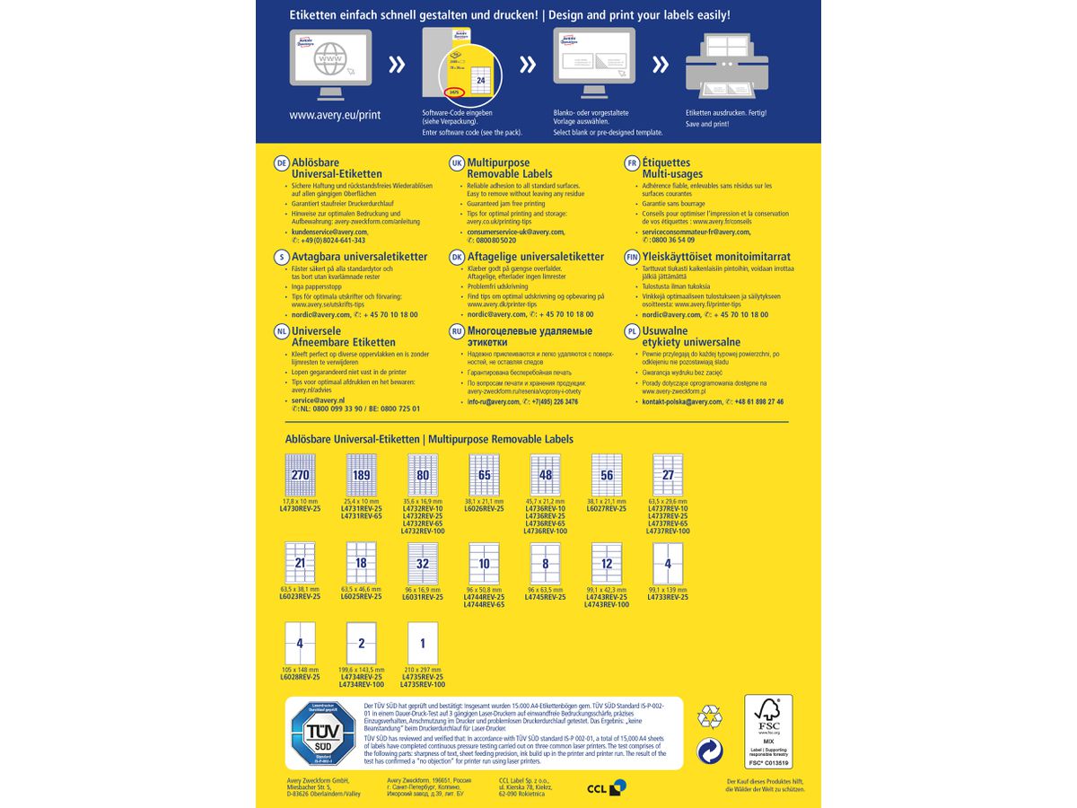 AVERY ZWECKFORM Etichette universale 96x508mm L4744REV-65 bianco 50+15 fogli (4004182347898)