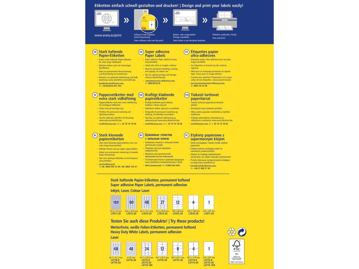 AVERY ZWECKFORM Etiketten Univ. 63.5x29.6mm L7874-20 weiss, stark haftend 20 Blatt (4004182070062)
