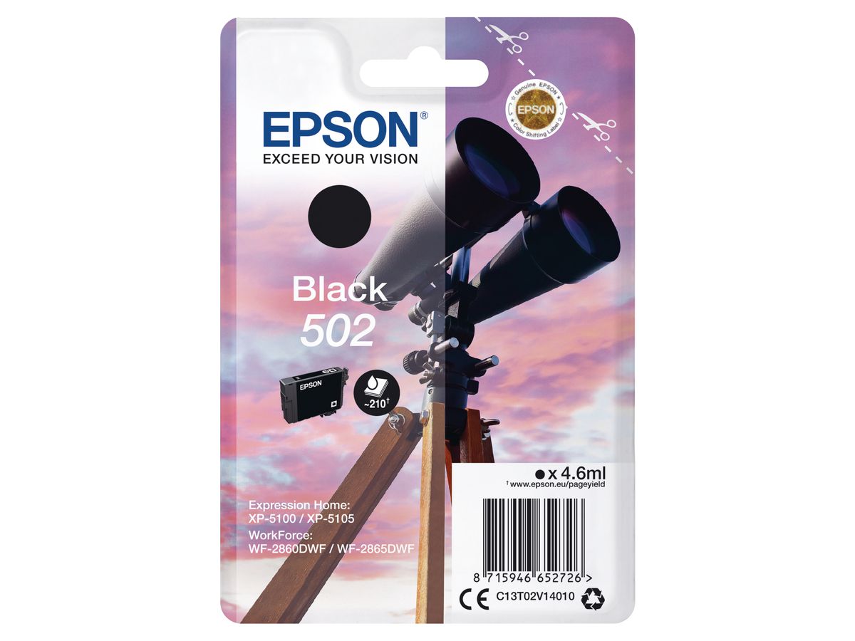 EPSON Cart. d'inchiostro 502 nero T02V140 WF-2860/XP-5100 210 pagine (8715946652726)