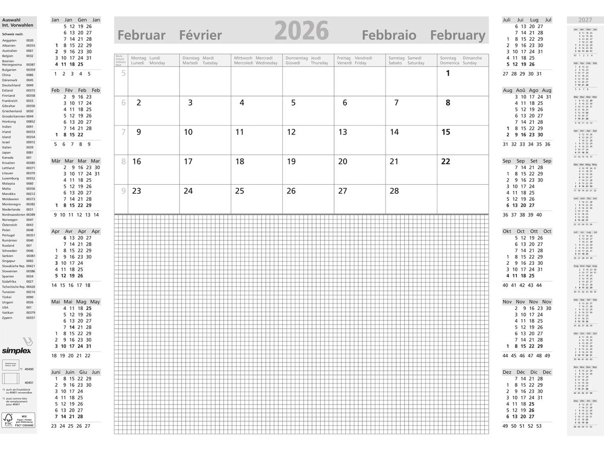 SIMPLEX Sottostrato da scrittura 2026 40400.26 12M grigio chiaro ML A2 (7611468041219)