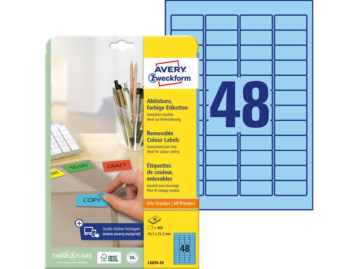 AVERY ZWECKFORM Etichette 45,7x21,2mm L6039-20 blu 960/20fl. (4004182060391)