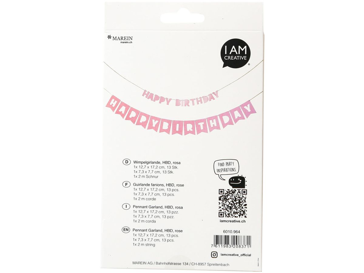 I AM CREATIVE Guirlande Fanion,HBD, 2m 6010.964 2 pcs. Rose (7611983208371)