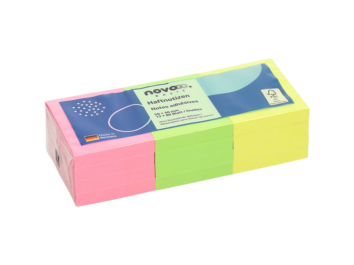 NOVOOO Bloc-notes 50x40mm 5653-39 vert, jaune, rose 12x80 f. (9010729096605)