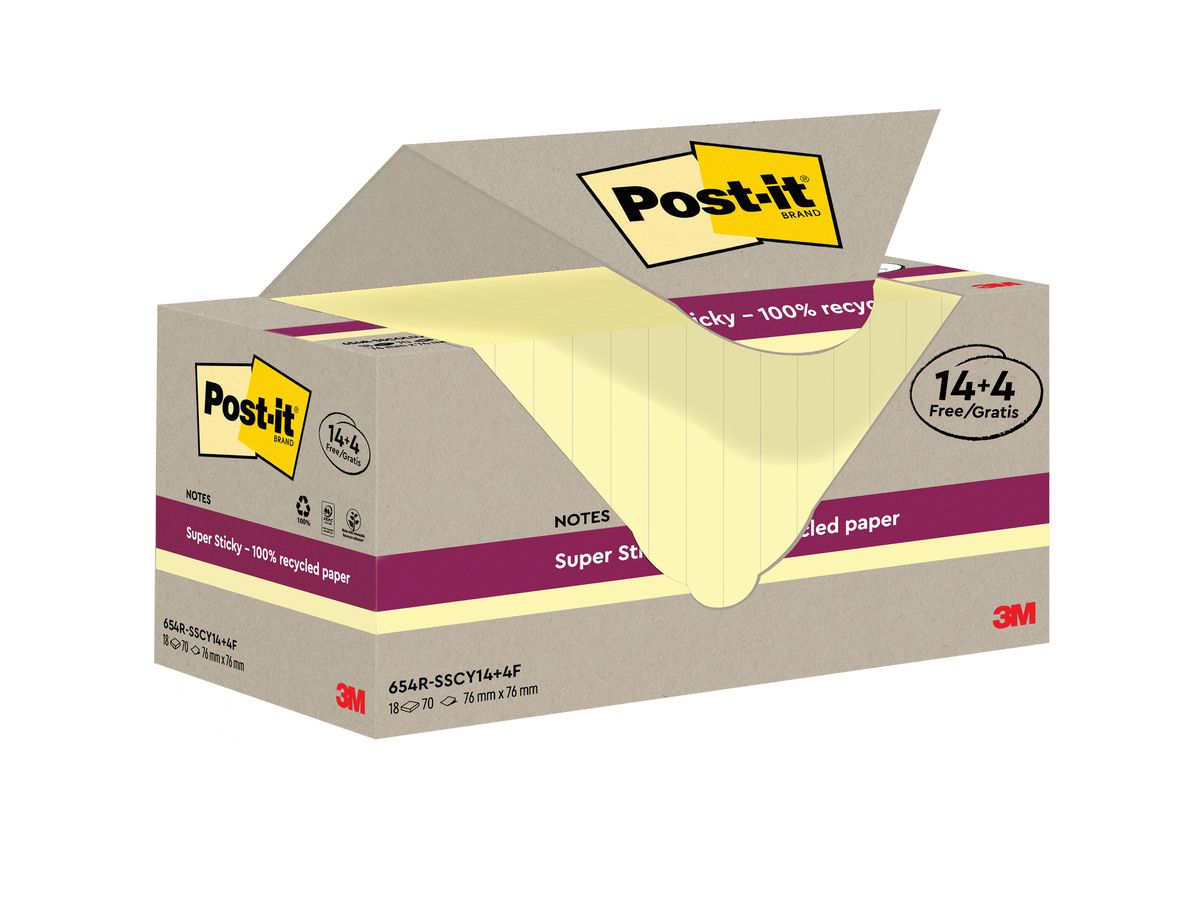 POST-IT SuperSticky Notes 76x76mm 654 RSSCY 14+4F Recycling, giallo 18x70 fogli (4064035060893)