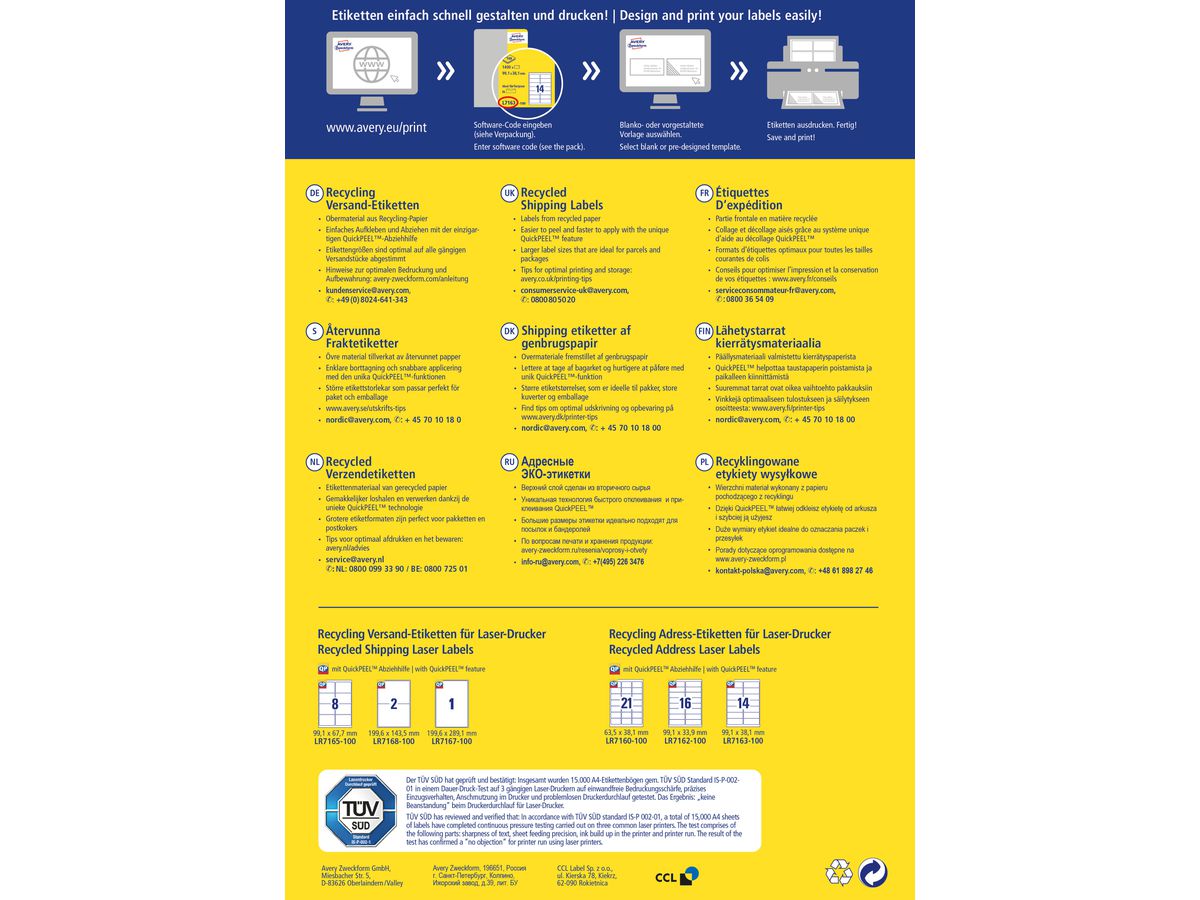 AVERY ZWECKFORM Adressetiketten 199,6x143,5mm LR7168100 recycling 200 Stück (4004182651643)