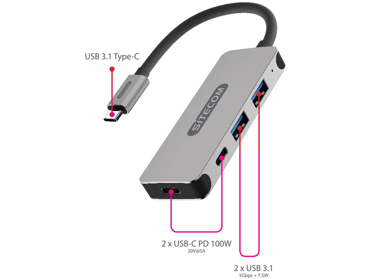SITECOM USB-C Hub 4 Port CN-384 2x USB 3.1-A + 2x USB-C 5Gbps (8716502030798)