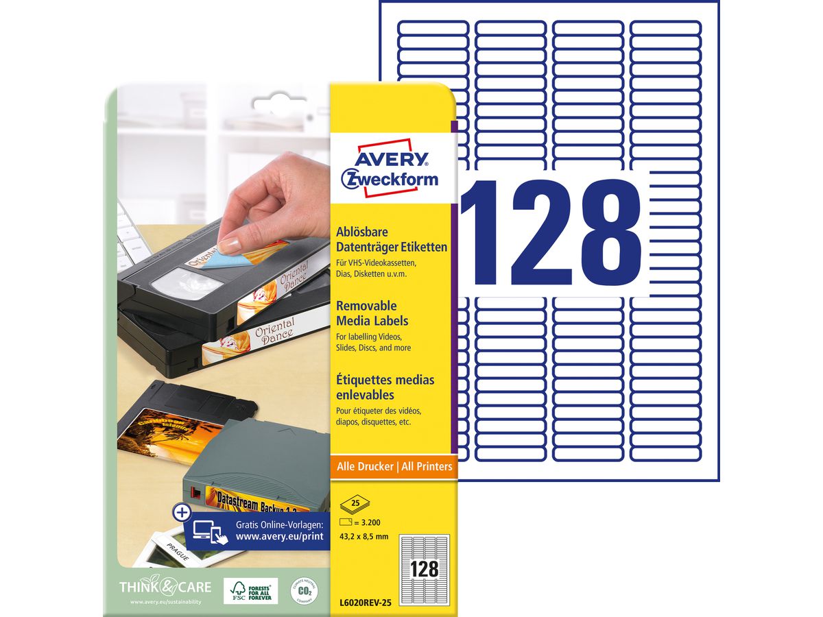 AVERY ZWECKFORM Etiquettes 43,2x8,5mm L6020REV2 Dia 3200 pcs. (4004182060209)