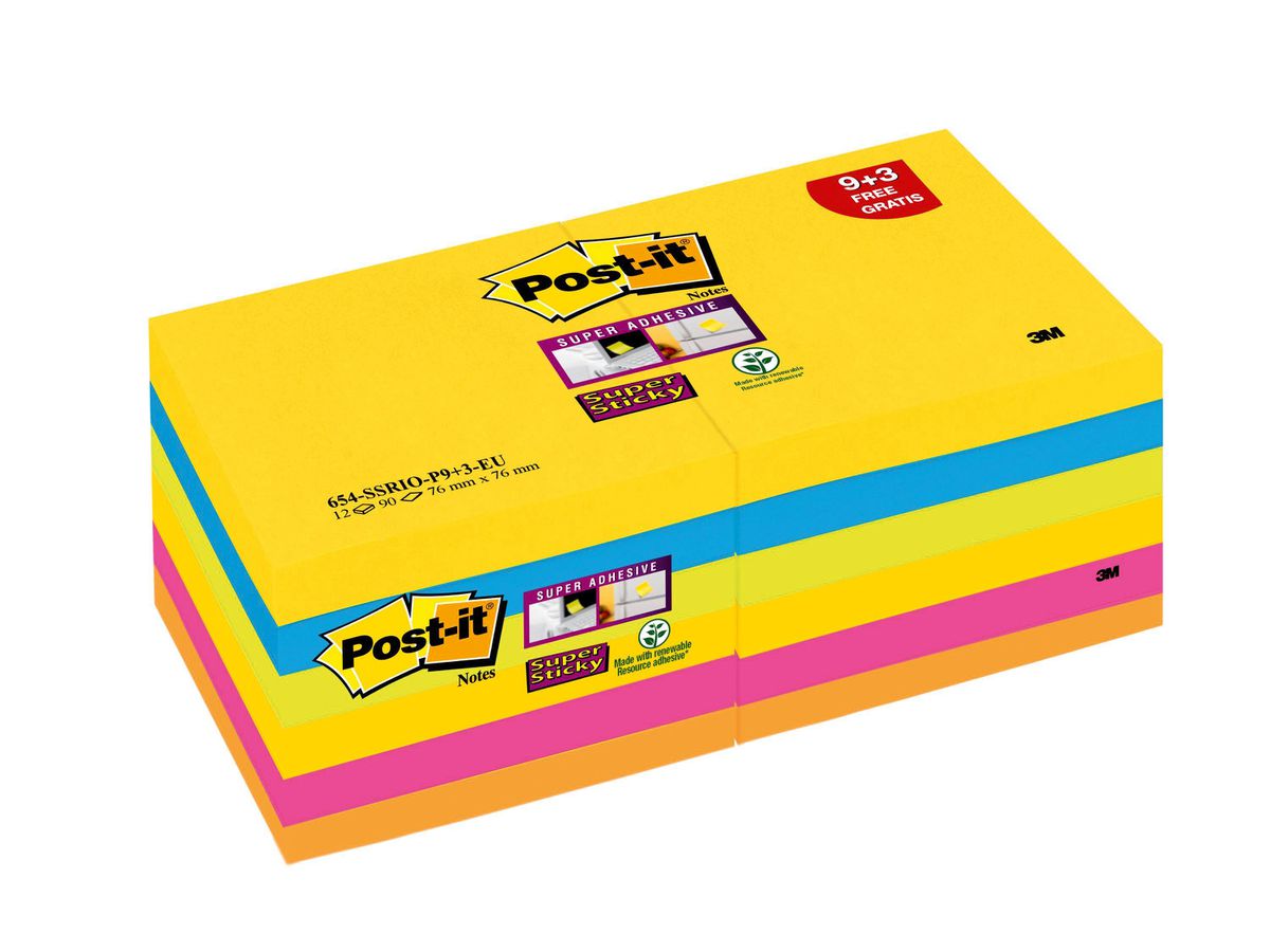 POST-IT Super Sticky Notes 76x76mm 654-SS-CARN-P8+4 Carnival 5 couleurs 12x90 flls (0051141998800)