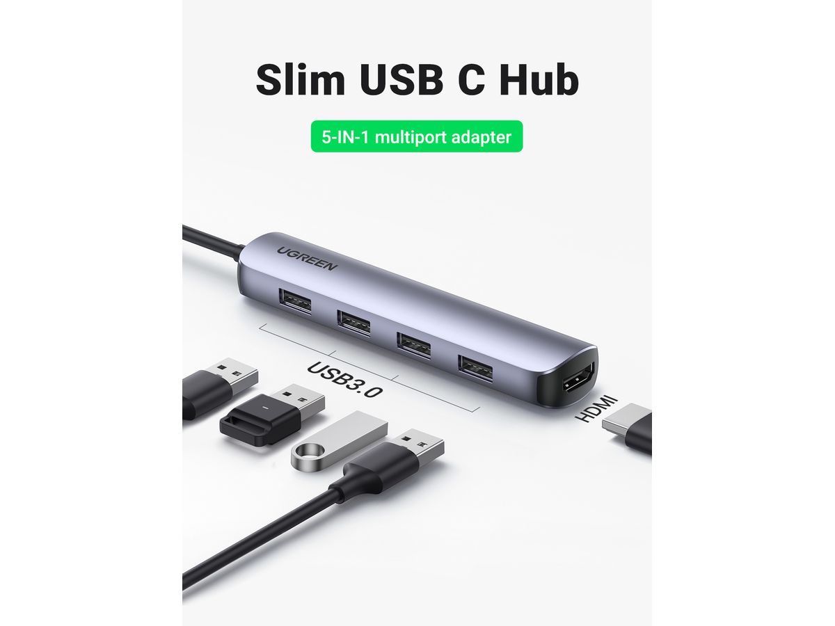 UGREEN USB-C Hub 5in1, Silver 20197 HDMI,4xUSB-A (BB) (6957303821976)