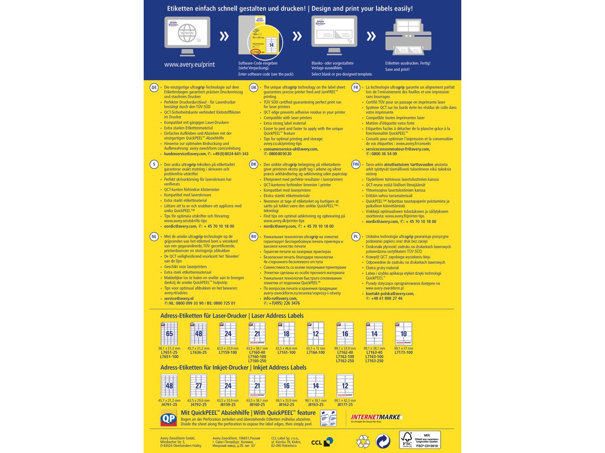 AVERY ZWECKFORM Etiquettes adress. 99,1x57mm L7173-100 blanc 1000 pcs./100 flls. (4004182471739)