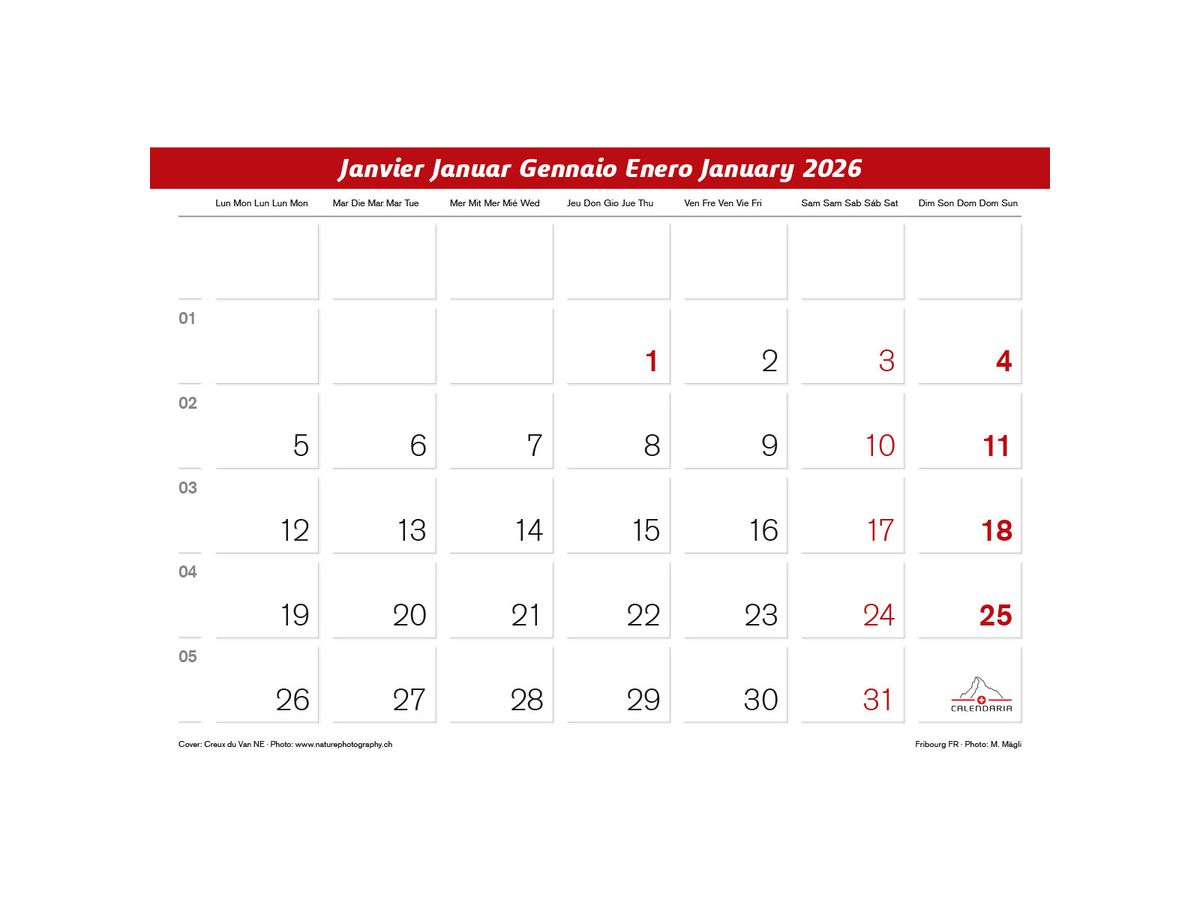 CALENDARIA Bildkalender 2026 9783036205175 Suisse Romande ML 31.5x23cm (9783036205175)