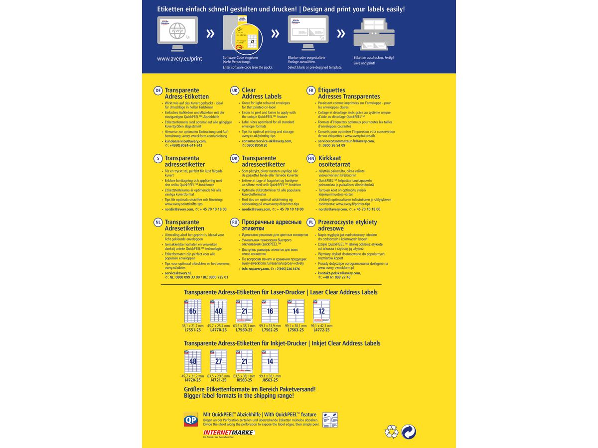 AVERY ZWECKFORM Etiquettes Laser 38x21,2mm L7551-25 transparent 1625 pcs./25 flls. (4004182967454)