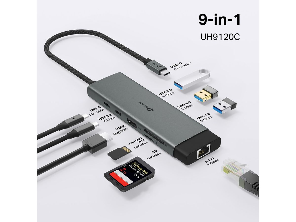 TP-LINK USB-C 9-Port Hub UH9120C HDMI 4K,USB-A&C,PD,RJ45,SD (8885021371900)