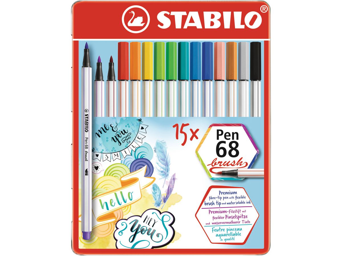 STABILO Fasermaler Pen 68 Brush 568/15-32 ass. 15 Stück Metalletui (4006381554343)