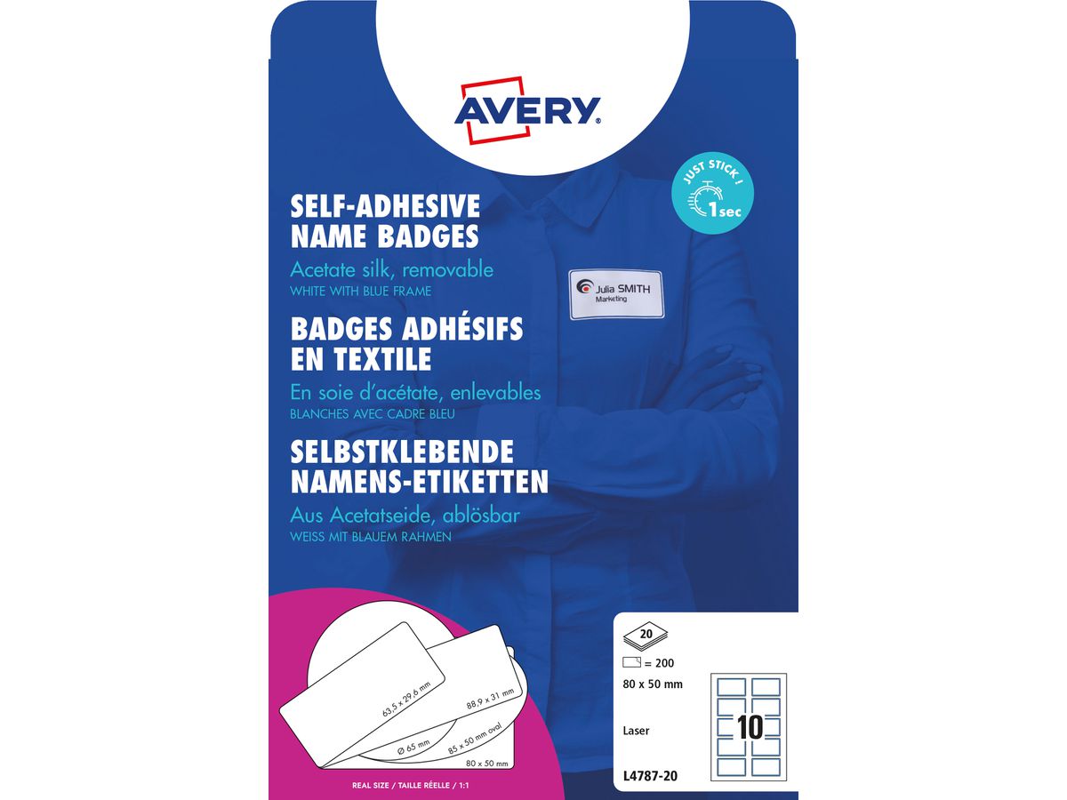 AVERY ZWECKFORM Etiquettes badges L4787-20 blanc/bleu 80x50mm 200 pcs. (4004182074855)
