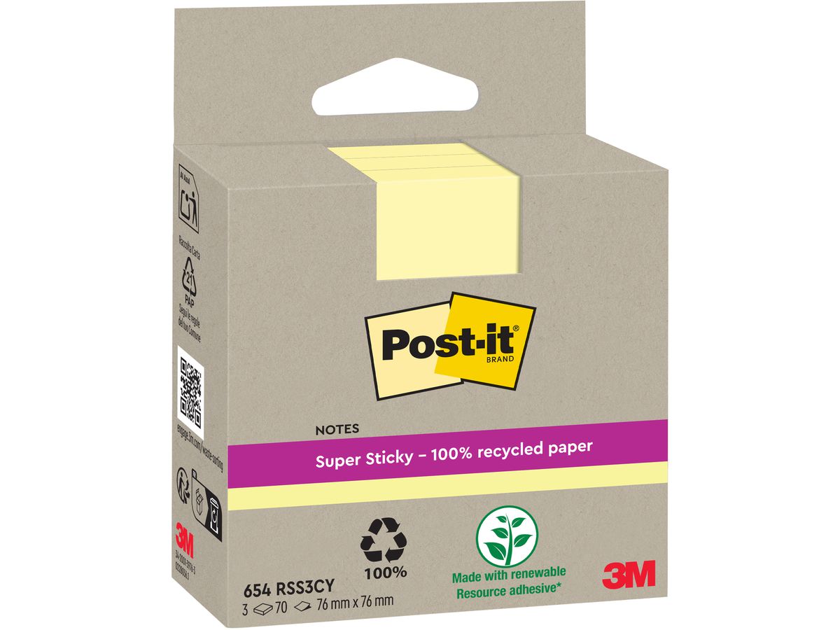 POST-IT SuperSticky Notes 76x76mm 654 RSS3CY Recycling,giallo 3x70 fogli (4064035060138)