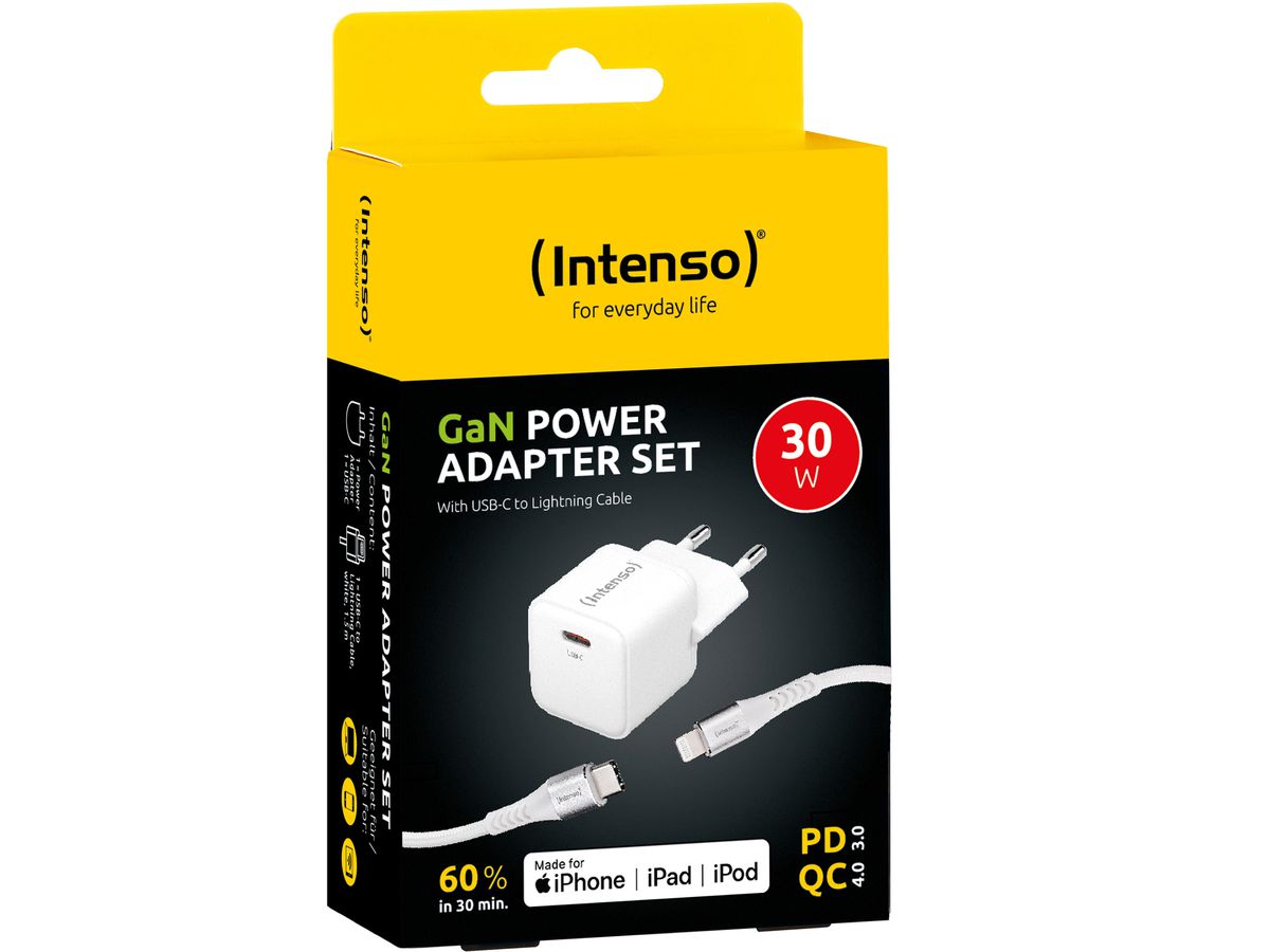 INTENSO Power Charger 30W GaN 1x USB-C 7803052 +Cable USB-C - Lightning white (4034303034116)
