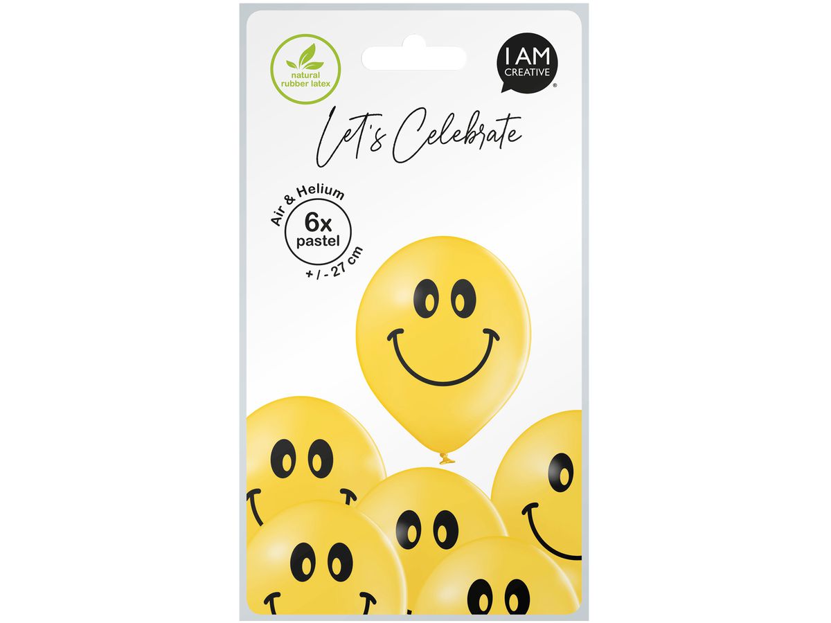 I AM CREATIVE Ballons Smileys 27cm 1000-1071 jaune 6 pièces (7611983246977)