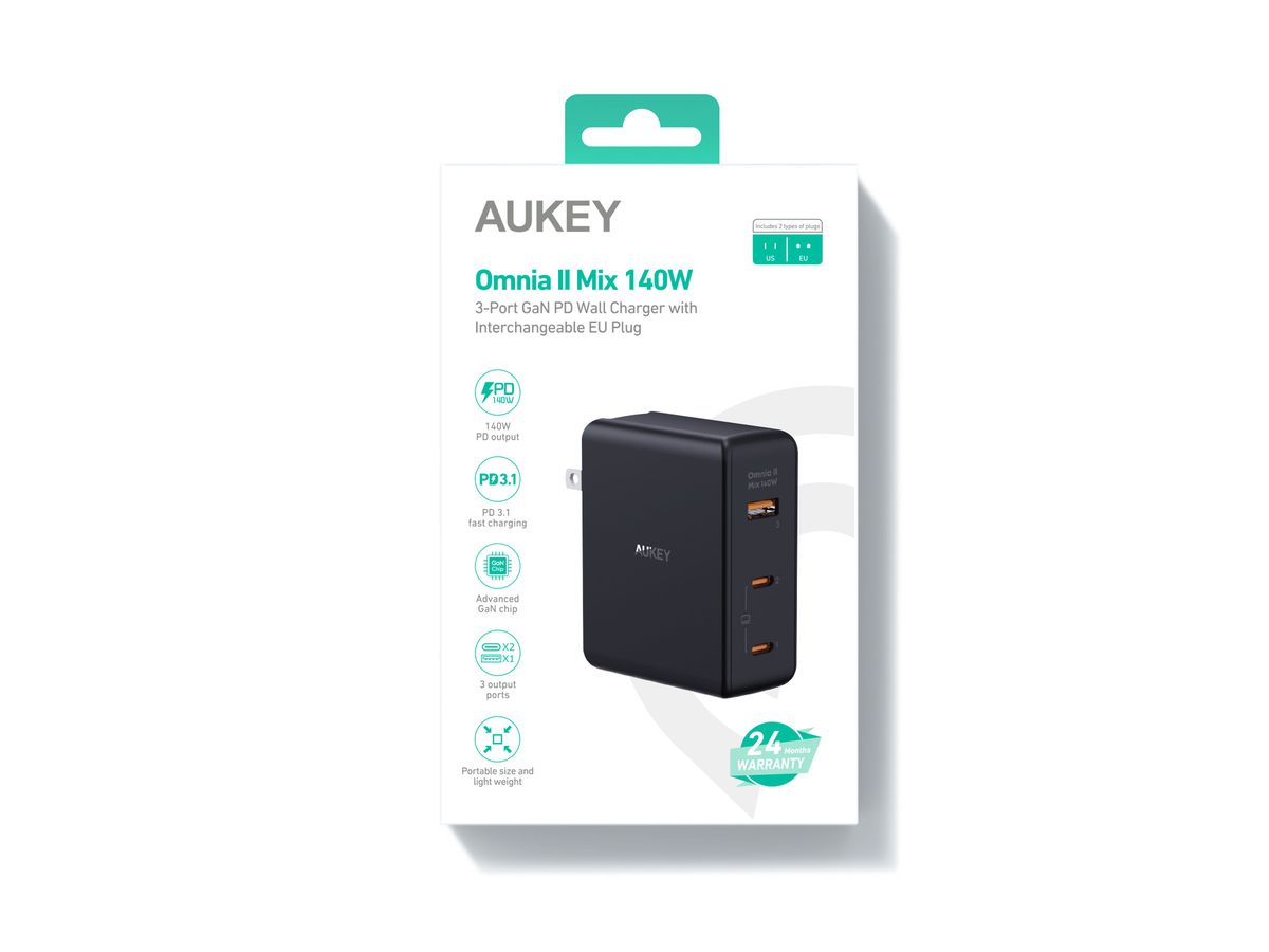 AUKEY OmniaMix II 140W GaN PD PA-B7O BK 3-Port, Wall Charger Black (0689323785780)